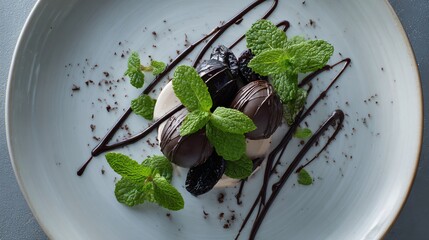 A flat lay of gourmet dessert plate, prunes in chocolate, mint leaves and minimal background