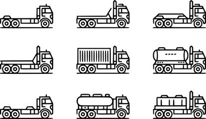 Nine Outline Drawings of Diverse Trucks: Flatbed, Container, Tanker Trucks Illustrations, silhouette