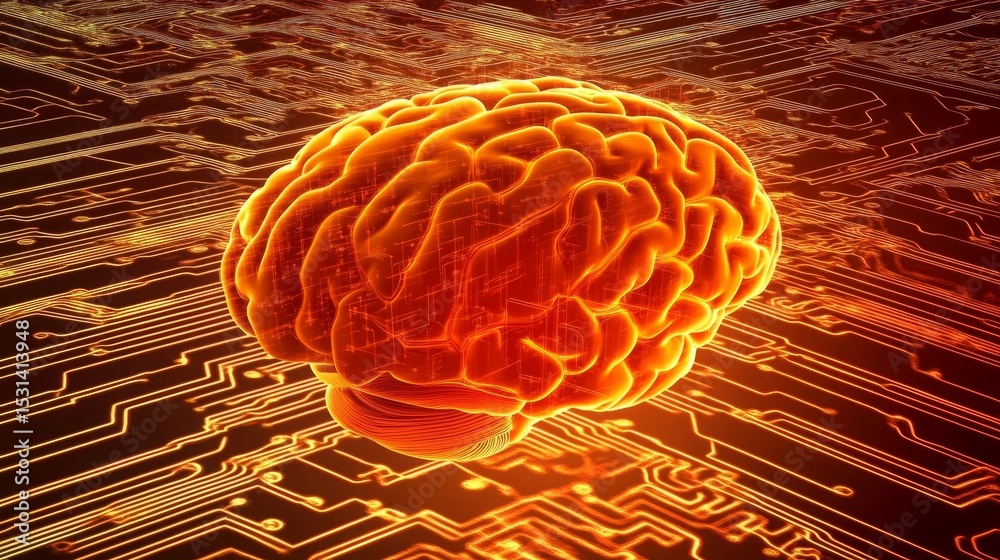 Poster futuristic 3d illustration of a glowing human brain floating above an electronic circuit board with 