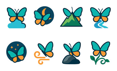Butteryfly icon set. nature-themed silhouette butterflies. moon, mountain, stars, wind vector icons.