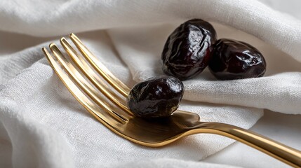 Fototapeta premium A luxurious flat lay with golden fork, linen napkin, and chocolate prunes on ceramic