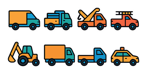 Vehicle icon set. transportation flat icons: truck, tow, construction, taxi, delivery vector icons.