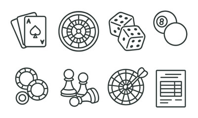 Casino game set. gambling linear icons. cards, roulette, dice, billiard, chips, chess, dartboard vector icons.