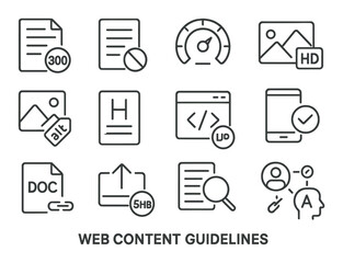 Web content guidelines set. seo, html, accessibility, speed, document, mobile, linear vector icons.