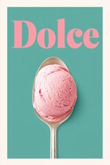 Pink gelato melting on vintage spoon with dolce written in background