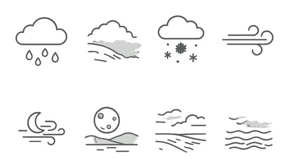Weather symbol set. atmospheric conditions linear clouds, rain, snow, wind, moon vector icons