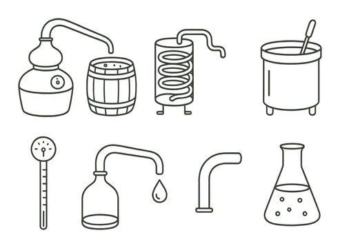 Distillery equipment set. brewing and distillation linear icons. barrel, thermometer, flask vector icons.