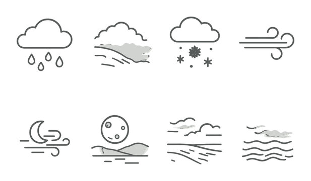 Weather symbol set. atmospheric conditions linear clouds, rain, snow, wind, moon vector icons