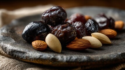 Obraz premium A modern rustic snack plate, prunes in chocolate, almonds, slate, and linen textures
