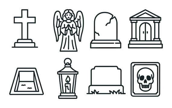 Graveyard elements set: linear icons for cross, angel, tombstone, lantern, skull vector icons
