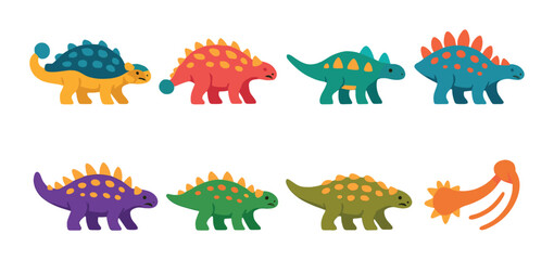 Obraz premium Dinosaur icon set. flat dino, stegosaurus, triceratops, t-rex, brachiosaurus, vector icons.