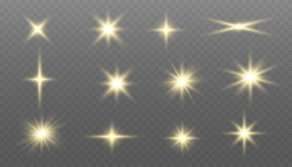Glowing gold light. Glowing sun flash with golden rays, spotlight effect, and sparkling bokeh. Collection of highlights, stars and rays of light with luminous swirling