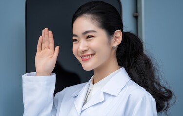 Asian female student in white waves hand outside train window, expressing joy and connection during her journey to school