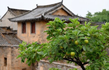 Rain cascades from traditional Chinese roof with lush green plants in the foreground