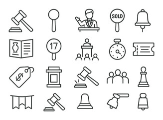 Obraz premium Auction set. bid, gavel, sold, hammer, auctioneer, paddle, linear style vector icons.