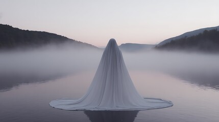 Figure shrouded in fabric mysterious lake
