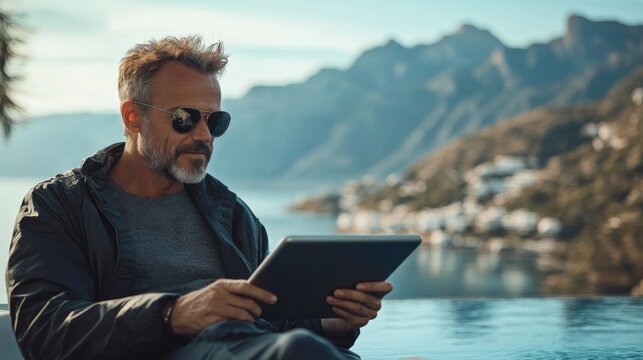 Man Using Tablet by Infinity Pool with Mountain View