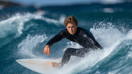 Surfer riding a turquoise wave with spray in action