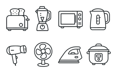 Appliance set. kitchen home flat appliances. toaster, blender, microwave, kettle vector icons.