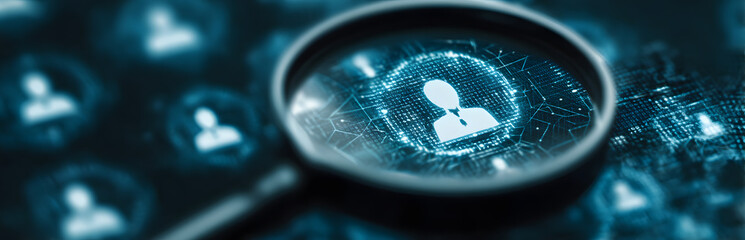 Closeup futuristic tech graphic design. Magnifying glass focuses on person icon. Digital network map shows possible new employee customer. Blue background opportunity. Concept for recruitment sales.
