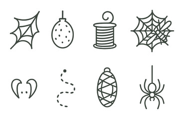 Halloween decoration set: linear spider, web, thread, bomb, ear icon vectors