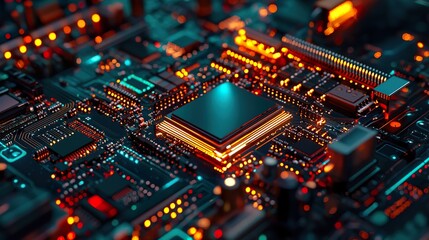 Fototapeta premium Factory assembly line with robotic arms assembling electronic components