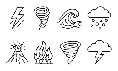 Fototapeta na wymiar Natural disasters icon set. weather, tornado, wave, snow, volcano, fire silhouette vector icons.