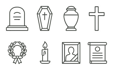 Memorial icons set. funeral, grave, candle, urn, cross, wreath, scroll, frame linear vector icons