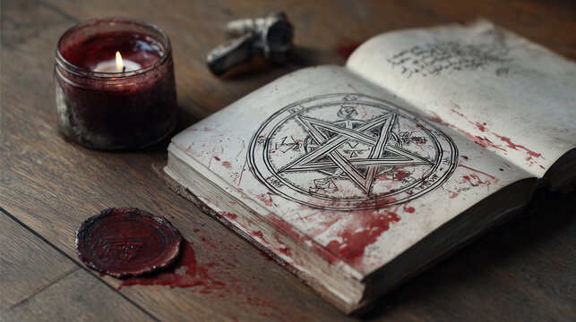 Occult book with pentagram illustration and candle on wooden table  