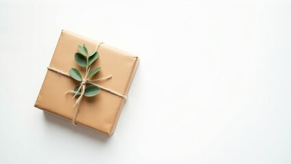 Minimalist brown kraft paper gift box tied with natural jute twine bow and eucalyptus leaf decoration on clean white background, eco-friendly wrapping