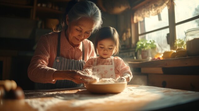 Grandmother and Granddaughter Baking Together in Rustic Kitchen - Powered by Adobe