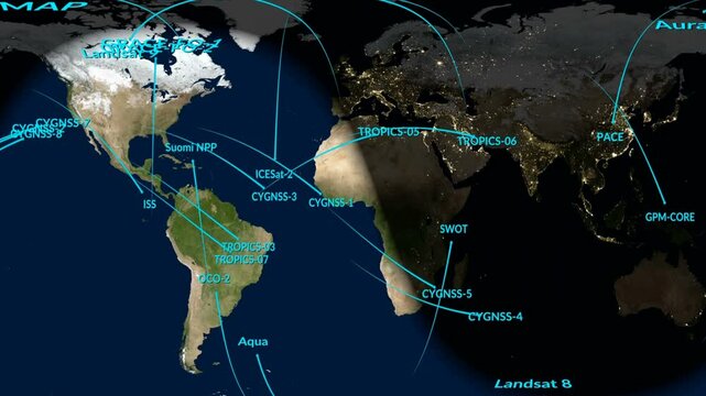 Equirectangular animation of spacecrafts and satellites. 5G and telecommunications concept. Elements of this image furnished by NASA