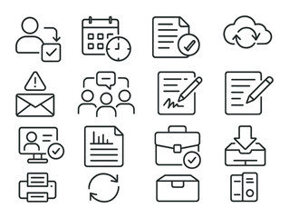 Office document icon set. business, calendar, cloud, email, pen, briefcase linear vector icons
