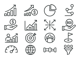 Data analysis icon set. linear analytics, graph, pie, chart, roi, target, vector icons.