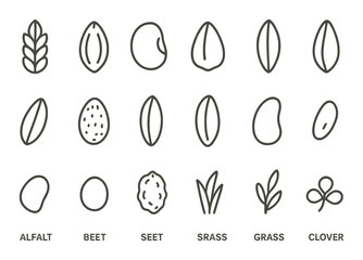 Seed set. agricultural silhouette seeds. alfalfa, beet, grass, clover, vector icons.