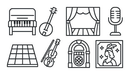 Music and theater icon set. linear instruments, stage, microphone, jukebox vector icons.