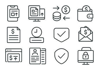 Finance icon set. money and banking linear icons. wallet, receipt, security, coin vector icons.