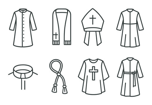 Clergy apparel set. religious clothing silhouette. robe, stole, mitre, alb, cassock vector icons.