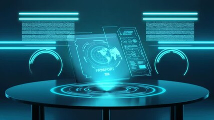 Futuristic passport and smartphone interface display with neon blue lighting and digital elements - Powered by Adobe