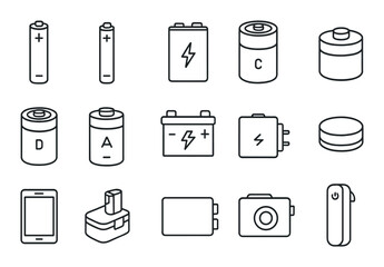 Battery set. electrical power sources flat icons. aa, aaa, c, d, phone battery vector icons.