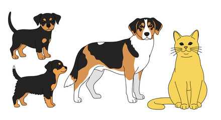 Dogs of Different Ages and Breeds Together with a Yellow Cat in a Room