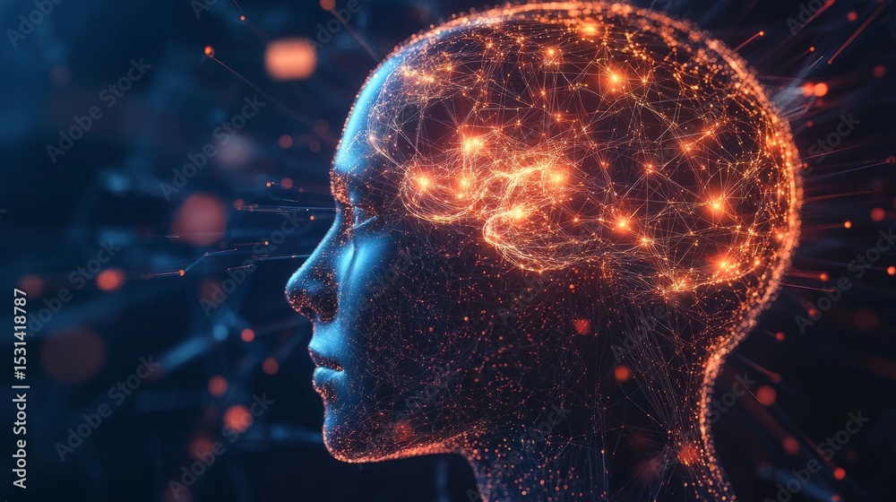 Poster profile of human head with glowing brain connected by neural networks and flowing data streams repre