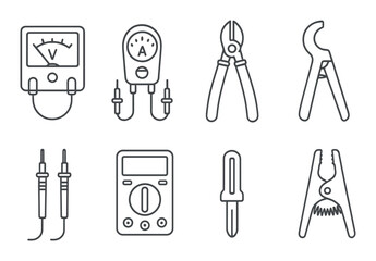 Electrical tool set. linear electrician tools: multimeter, pliers, wire cutters vector icons.