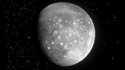 Moon with cryptocurrency symbols casting light on a new financial world