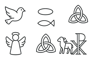 Christian symbol set. religious flat icons. dove, fish, trinity, angel, lamb vector icons.