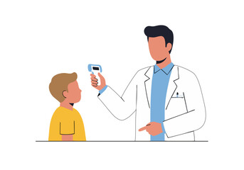 A doctor takes a child's temperature with a thermometer. Clean, professional illustration. Suitable for health, wellness, and medical themes.
