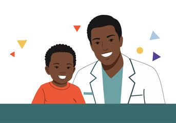father and son both with dark hair pose together The father a doctor in scrubs looks lovingly at his  son A vibrant playful background adds a joyful touch 