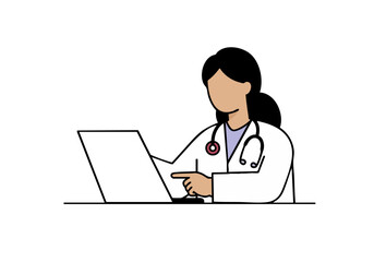 A female doctor reviews patient records on a laptop. Clean, modern design with a professional aesthetic. Ideal for healthcare, technology, and wellness visuals.