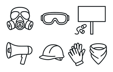 Protest safety set. demonstration silhouette icons. mask, goggles, sign, megaphone vector icons.
