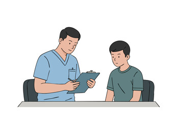 Obraz premium A healthcare professional examines a young patient, reviewing a nutrition chart. The scene conveys a supportive consultation. Clean, modern illustration.